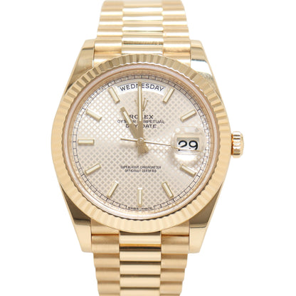 Rolex Daydate Yellow Gold 40mm Silver Diagonal Stick Dial Watch Reference#: 228238 - Happy Jewelers Fine Jewelry Lifetime Warranty