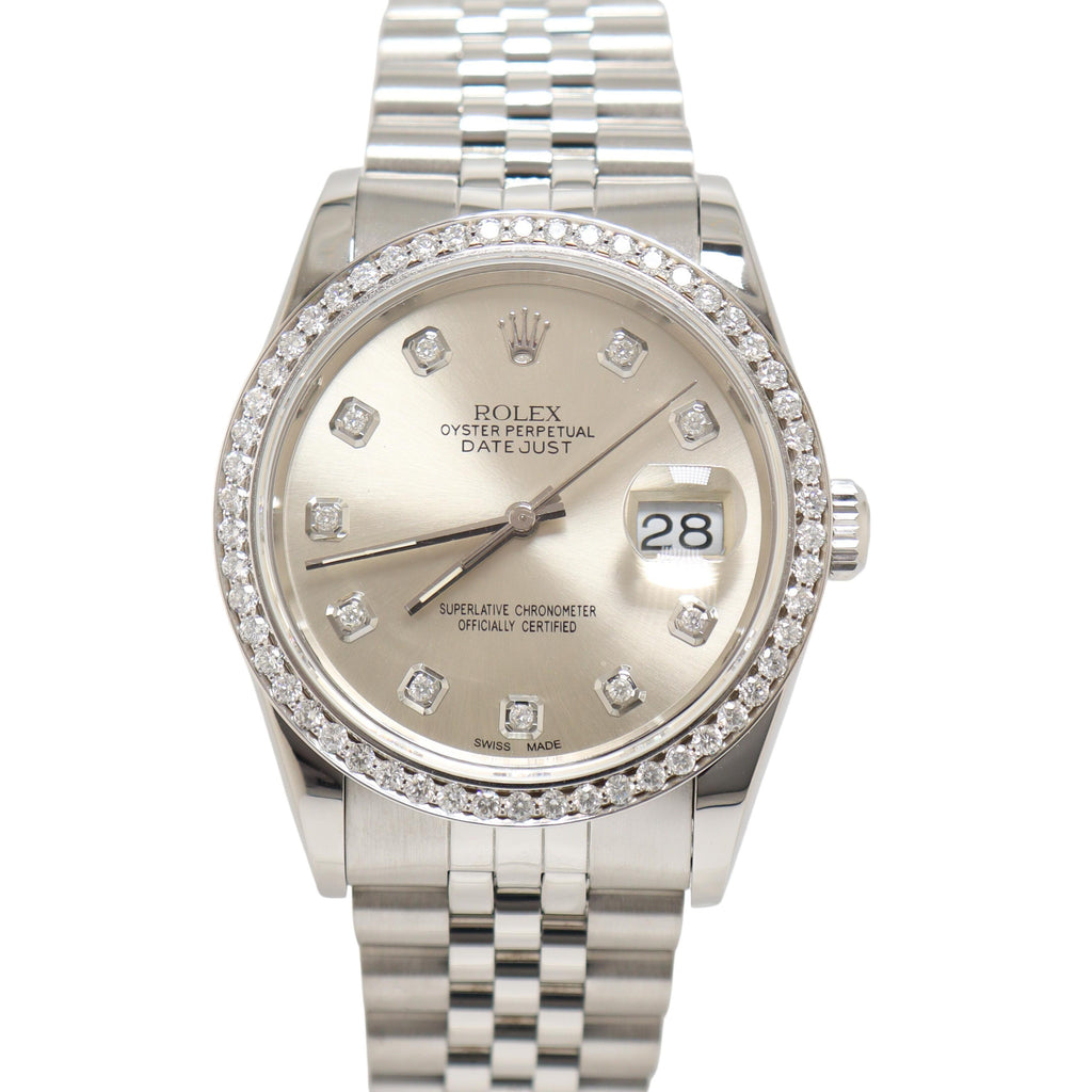 Rolex Datejust Two Tone White Gold & Steel 36mm Custom Silver Diamond Dial Watch Reference#: 16234 - Happy Jewelers Fine Jewelry Lifetime Warranty