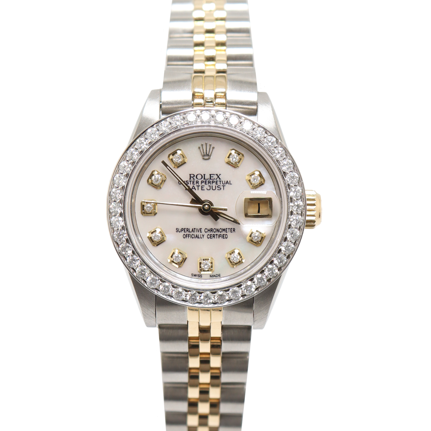 Rolex Datejust Two Tone Yellow Gold & Stainless Steel 26mm Custom White MOP Diamond Dial Watch Reference#: 69173 - Happy Jewelers Fine Jewelry Lifetime Warranty