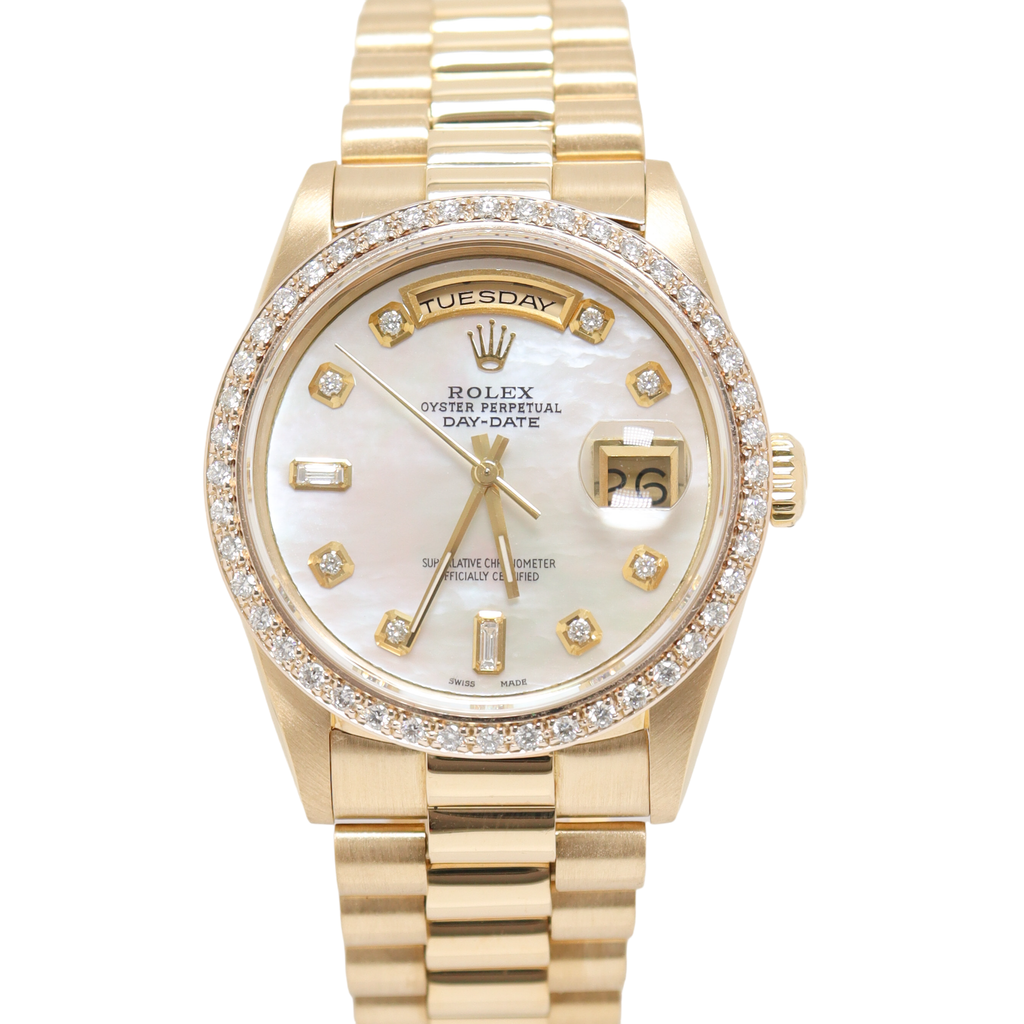 Rolex Daydate Yellow Gold 36mm White MOP Diamond Dial Watch Reference# 18238 - Happy Jewelers Fine Jewelry Lifetime Warranty