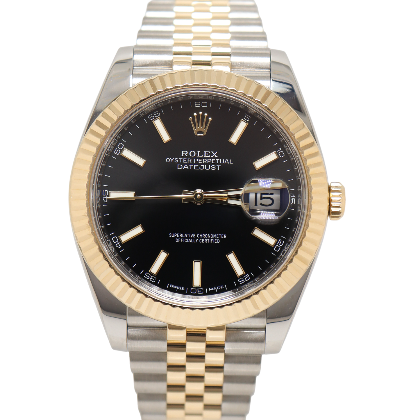 Rolex Datejust Two Tone Stainless Steel & Yellow Gold 41mm Black Stick Dial Watch - Happy Jewelers Fine Jewelry Lifetime Warranty