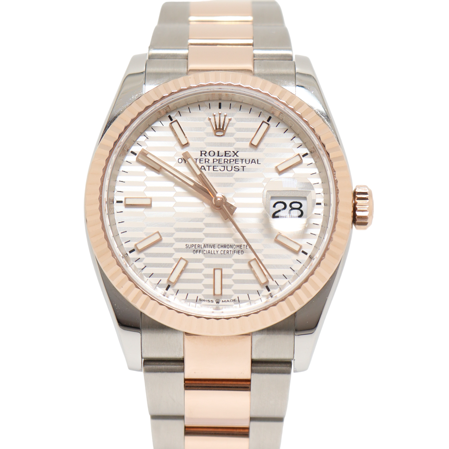 gidsel Regeringsforordning aktivering Rolex Datejust Two Tone Everose Gold and Stainless Steel 36mm Silver Fluted  Motif Stick Dial Watch Reference# 126231 | Happy Jewelers