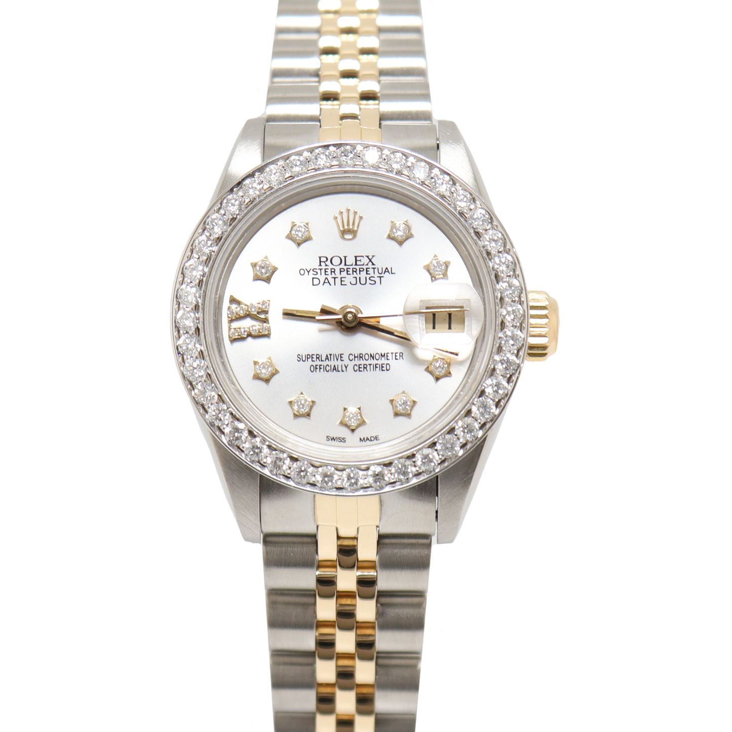 Rolex Datejust Yellow Gold & Steel 26m Silver Diamond Dial Watch Reference# 69173 - Happy Jewelers Fine Jewelry Lifetime Warranty
