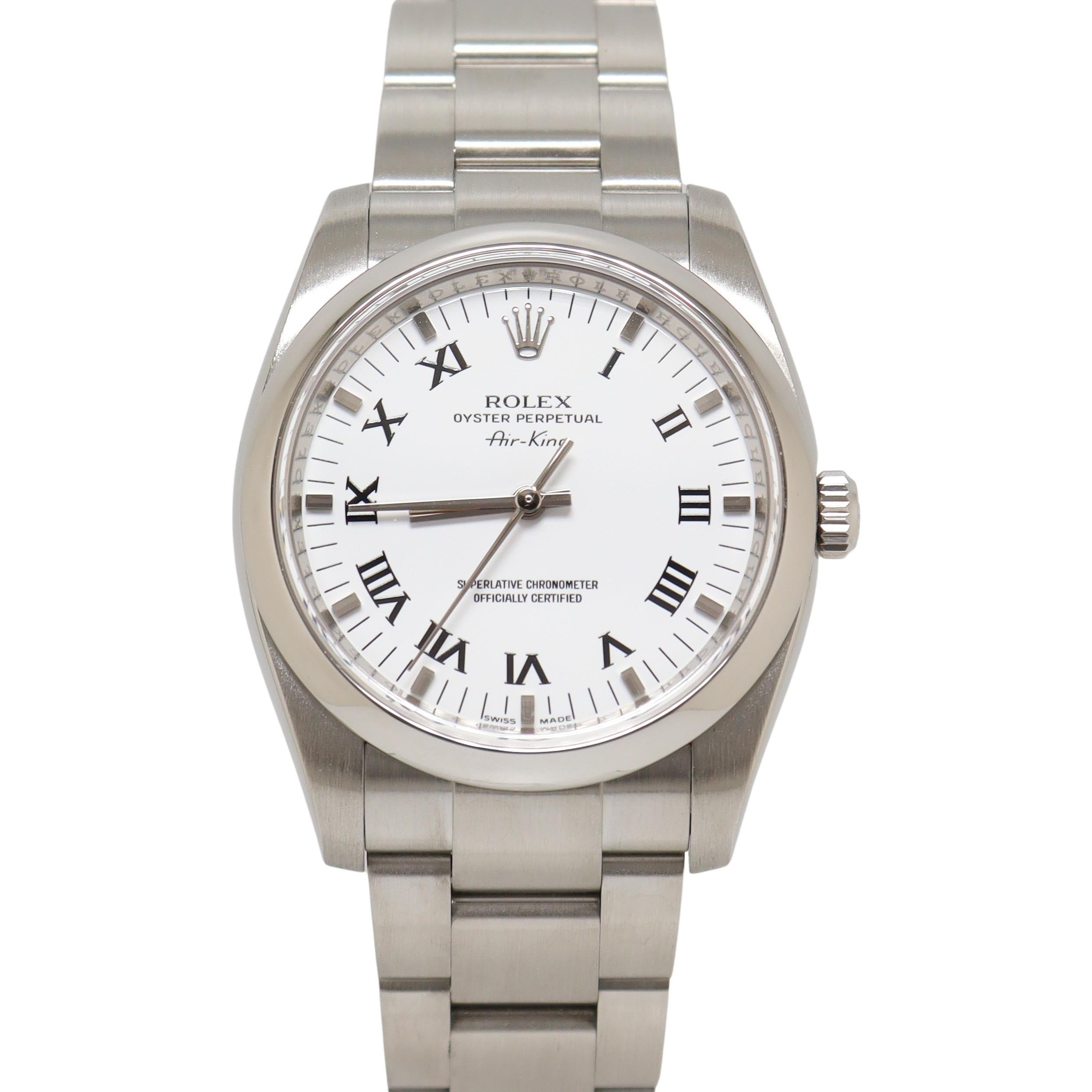 Rolex Air King Stainless Steel 34mm White Roman Dial Watch Reference#: 114200 - Happy Jewelers Fine Jewelry Lifetime Warranty
