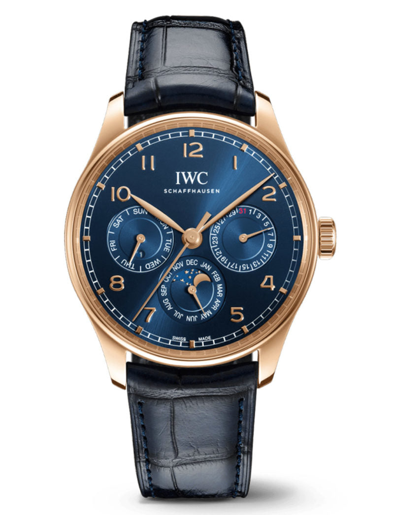 IWC Men's Portugieser Perpetual Calendar Rose Gold 42mm Blue Chronograph Dial Watch Reference #: IW344205 - Happy Jewelers Fine Jewelry Lifetime Warranty
