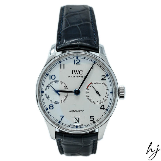 Load image into Gallery viewer, IWC Men&amp;#39;s Portugieser Stainless Steel 42.3mm Silver Plated Blue Arabic Dial Watch Reference #: IW500705 - Happy Jewelers Fine Jewelry Lifetime Warranty
