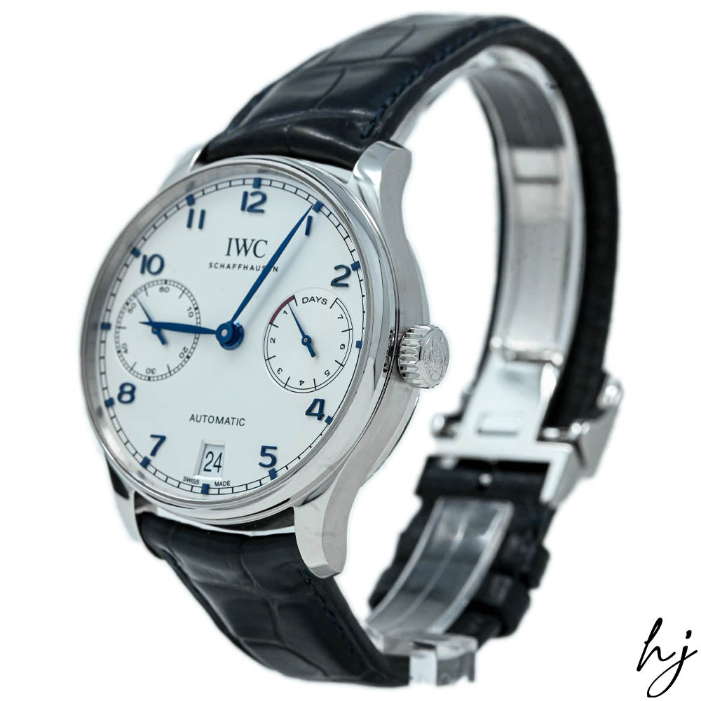IWC Men's Portugieser Stainless Steel 42.3mm Silver Plated Blue Arabic Dial Watch Reference #: IW500705 - Happy Jewelers Fine Jewelry Lifetime Warranty