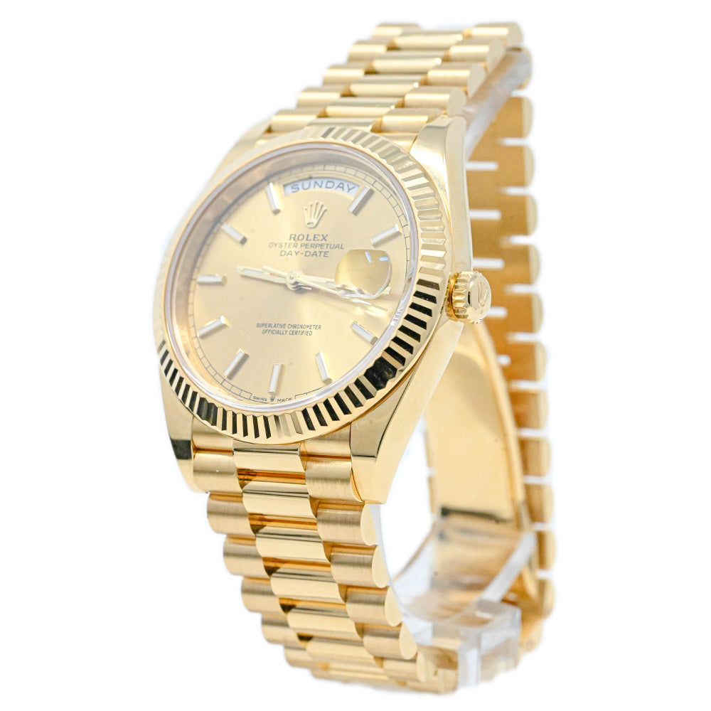 Rolex Mens President Day-Date 40mm 18K Yellow Gold Watch, Champagne Roman Dial, Fluted Bezel, President Bracelet - Happy Jewelers Fine Jewelry Lifetime Warranty