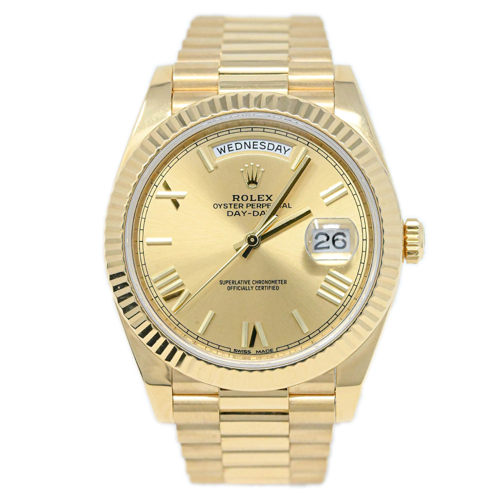 Rolex Men's Day-Date 18K Yellow Gold 40mm Champagne Roman Dial Watch Reference: 228238 - Happy Jewelers Fine Jewelry Lifetime Warranty