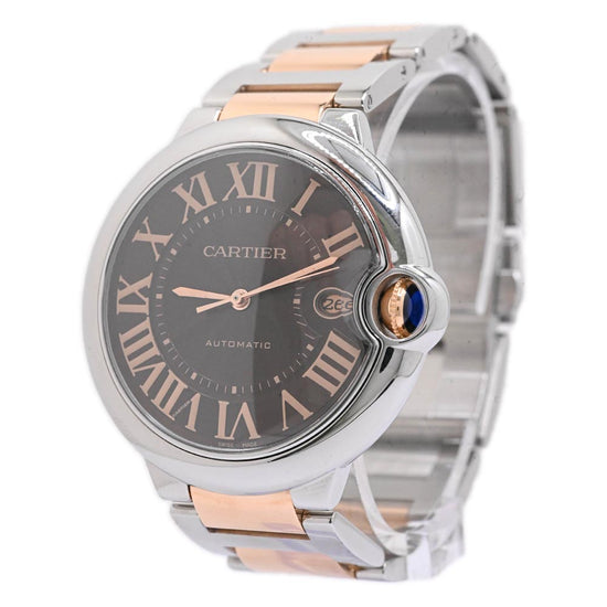 Cartier Mens Ballon Blue Rose Stainless Steel 42mm Chocolate Roman Dial Watch Reference# W6920032 - Happy Jewelers Fine Jewelry Lifetime Warranty