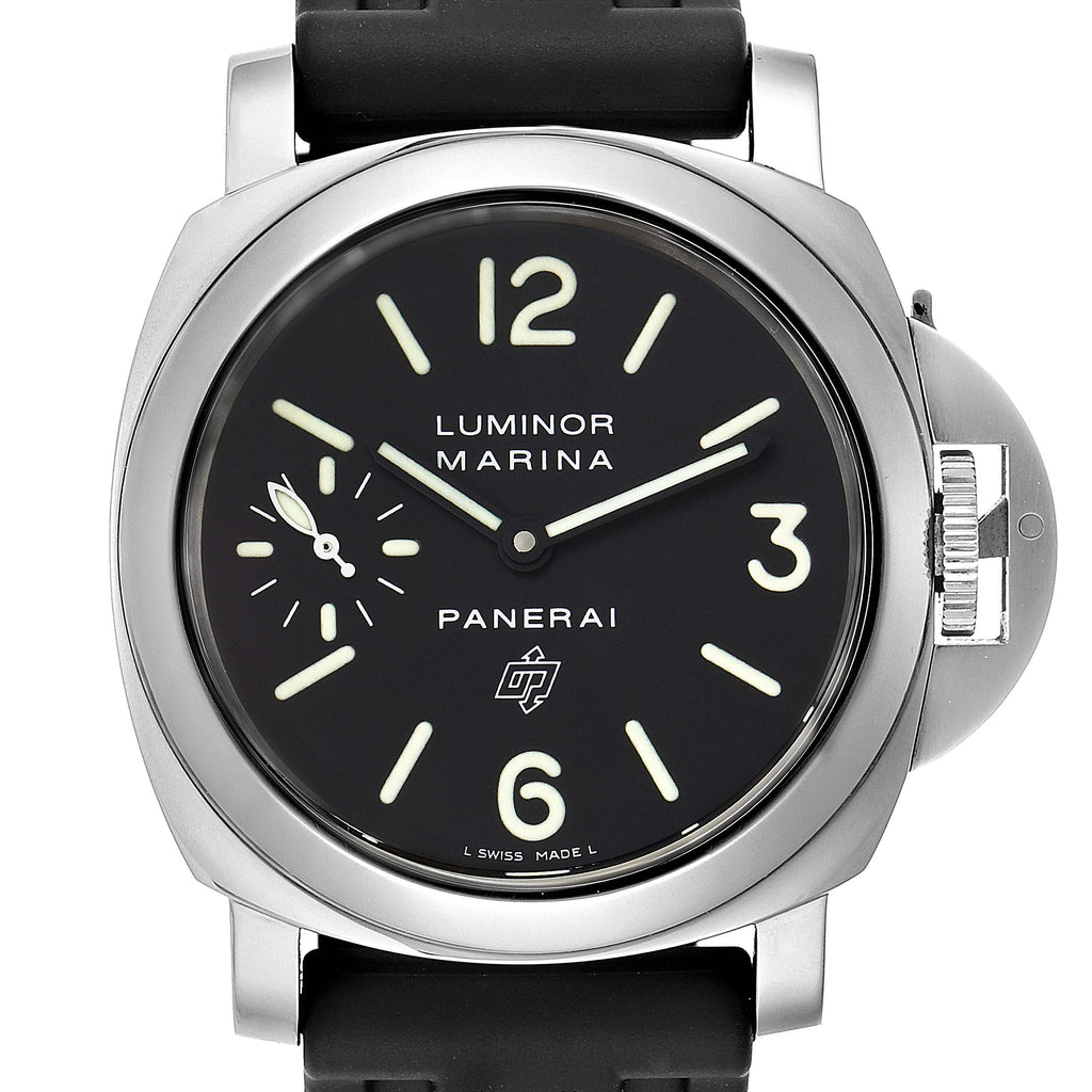 Panerai Men's Luminor Marina Base Logo Stainless Steel 44mm Black Stick & Arabic Numeral Dial Watch - Happy Jewelers Fine Jewelry Lifetime Warranty
