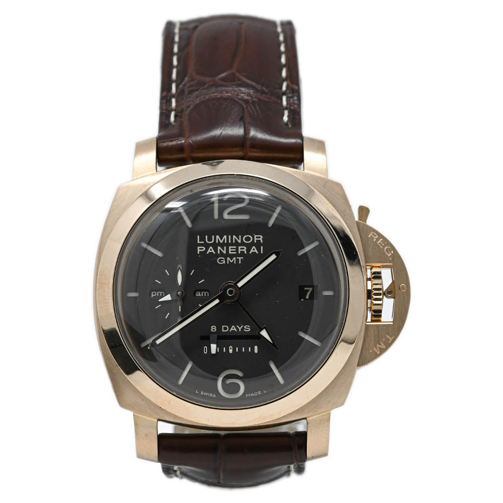 Panerai Men's Luminor 1950 8 Days GMT 18K Rose Gold 44mm Brown Dial Watch Reference #: PAM00289 - Happy Jewelers Fine Jewelry Lifetime Warranty