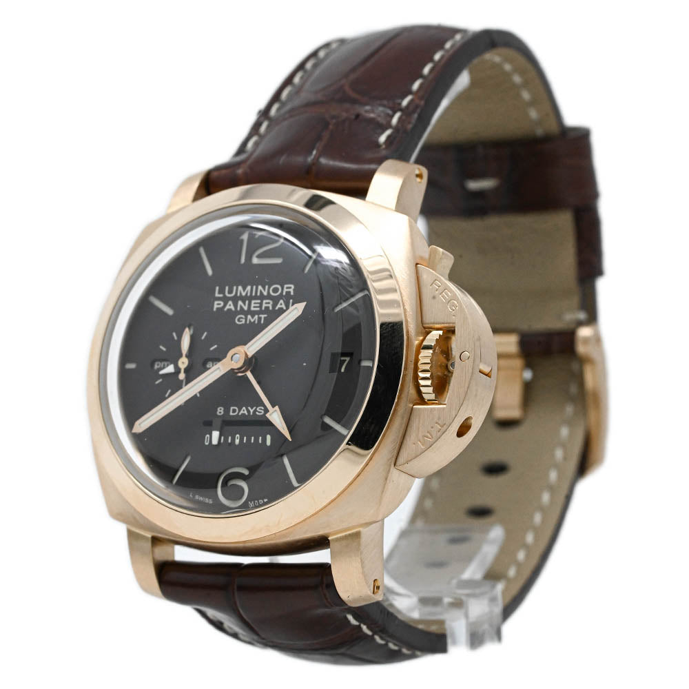Panerai Men's Luminor 1950 8 Days GMT 18K Rose Gold 44mm Brown Dial Watch Reference #: PAM00289 - Happy Jewelers Fine Jewelry Lifetime Warranty