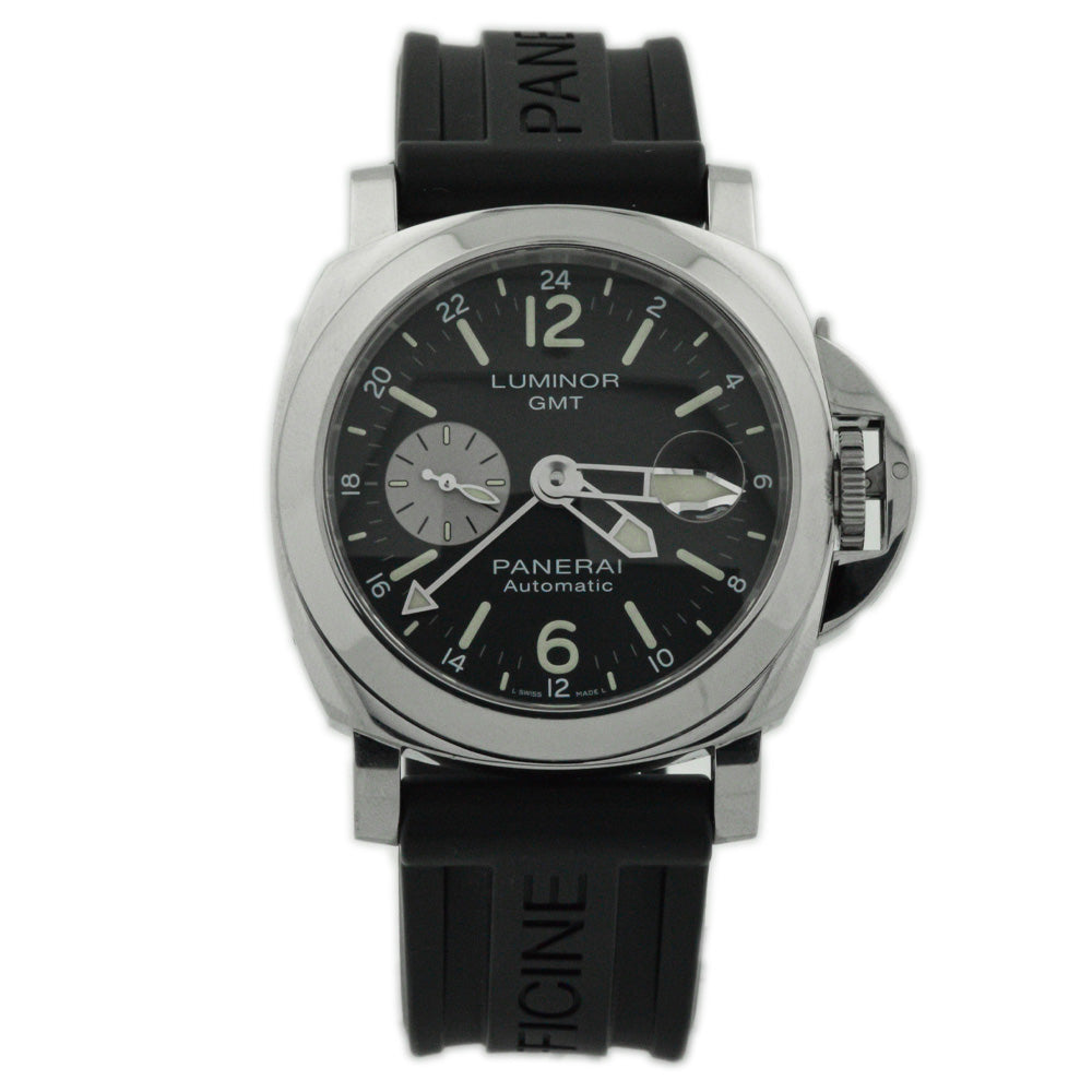 Panerai Men s Luminor GMT Stainless Steel 44mm Black Stick Arabic Dial Watch Reference PAM01088