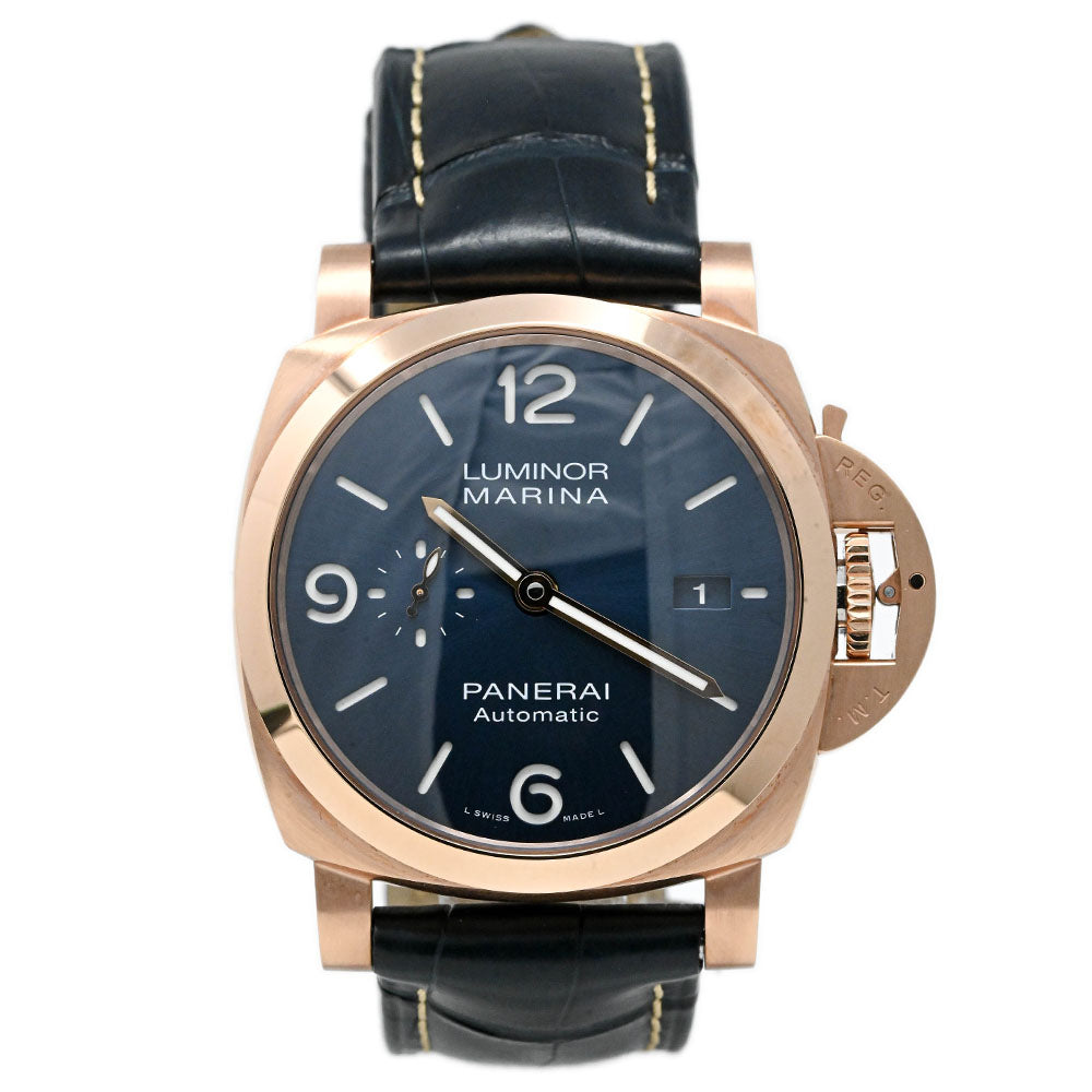 Panerai Men's Luminor Marina Goldtech 44mm Blue Sun-Brushed Dial Watch Reference #: PAM01112 - Happy Jewelers Fine Jewelry Lifetime Warranty