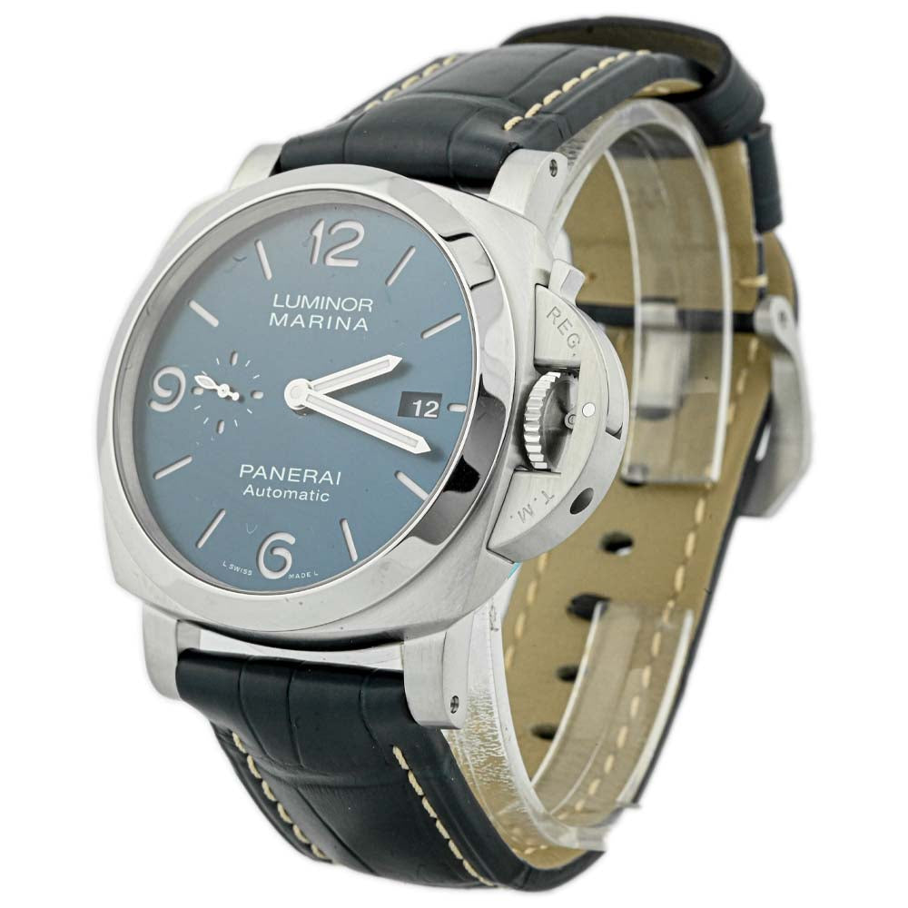 Panerai Men's Luminor Marina Stainless Steel 44mm Blue Stick & Arabic Dial Watch Reference #: PAM01313 - Happy Jewelers Fine Jewelry Lifetime Warranty