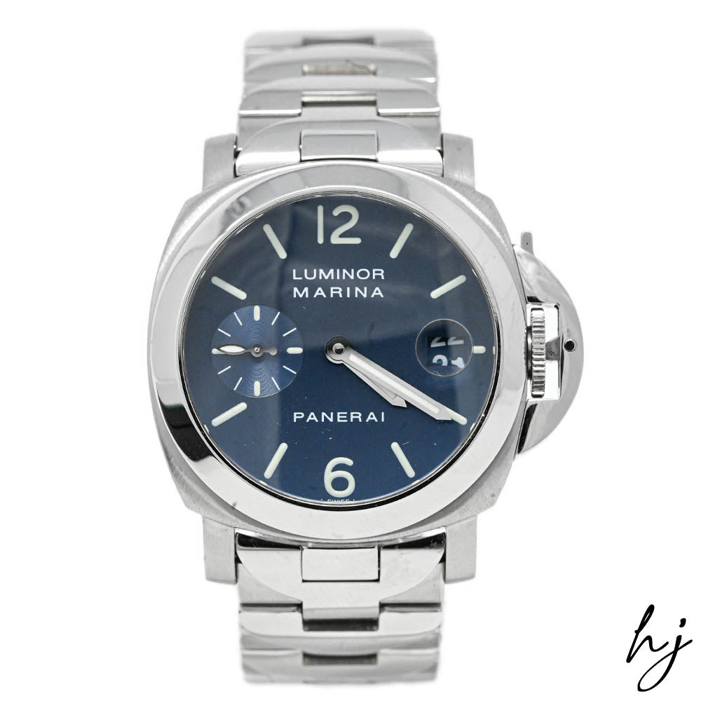 Panerai Men's Luminor Marina Stainless Steel 40mm Blue Stick & Arabic Numeral Dial Watch Reference #: PAM00120 - Happy Jewelers Fine Jewelry Lifetime Warranty