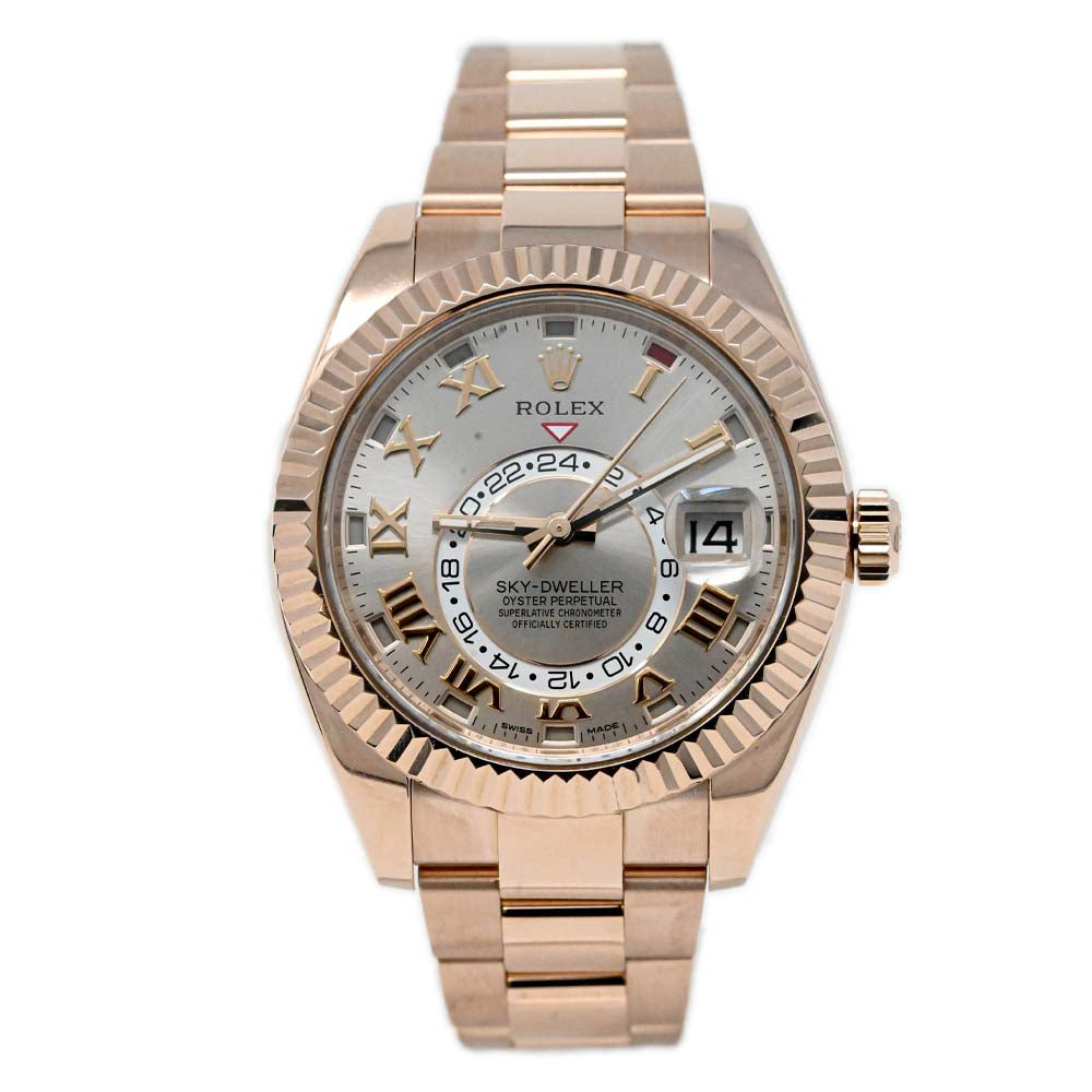 Rolex Men's Sky-Dweller 18K Rose Gold Pink Sundust Roman Dial Watch Reference #: 326935 - Happy Jewelers Fine Jewelry Lifetime Warranty