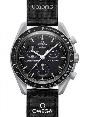 Omega x Swatch Speedmaster "Mission to the Moon" Grey Bioceramic 42mm Black Chronograph Dial Watch Reference #: SO33M100 - Happy Jewelers Fine Jewelry Lifetime Warranty