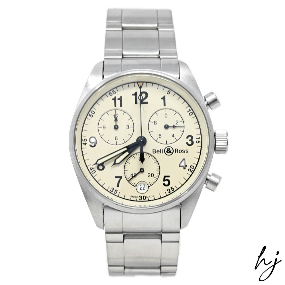 Bell & Ross Unisex Vintage 120 Stainless Steel 38mm Ivory Chronograph Dial Watch Reference #:  V 120 S B SSV - Happy Jewelers Fine Jewelry Lifetime Warranty