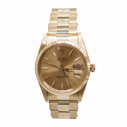 Rolex Ladies Oyster Perpetual Date Yellow Gold 34mm Champagne Stick Dial Watch Reference #15037 - Happy Jewelers Fine Jewelry Lifetime Warranty