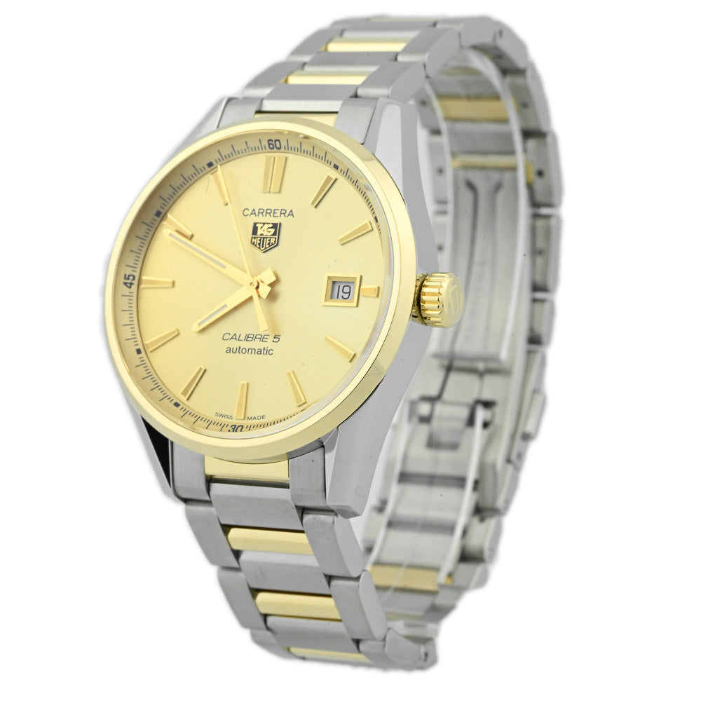 Tag Heuer Men's Carrera Calibre 5 18K Yellow Gold & Steel 39mm Biege Stick Dial Watch Reference #: WAR215A.BD0783 - Happy Jewelers Fine Jewelry Lifetime Warranty