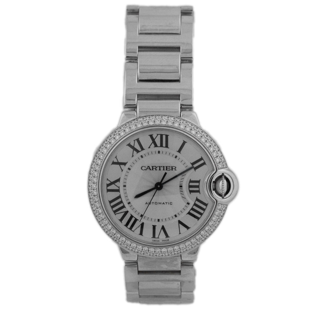 Cartier Unisex Ballon Bleu 18K White Gold 36mm Silver Roman Dial Watch Reference #: WE9006Z3 - Happy Jewelers Fine Jewelry Lifetime Warranty