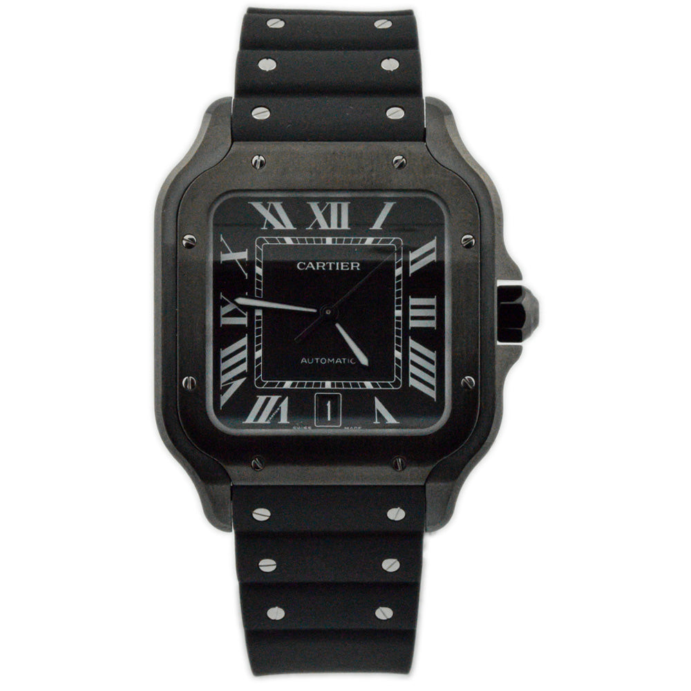 Cartier Mens Santos Stainless Steel & ADLC 39.8mm Black Roman Dial Watch Reference #: WSSA0039 - Happy Jewelers Fine Jewelry Lifetime Warranty