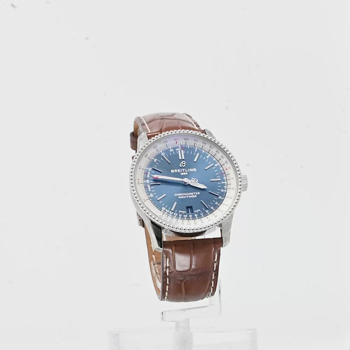 Load and play video in Gallery viewer, Breitling Navitimer Stainless Steel 38mm Blue Stick Dial Watch Reference #: A17325
