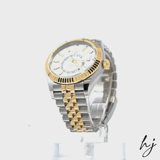 Load and play video in Gallery viewer, New! Rolex Men&amp;#39;s Sky-Dweller 18K Yellow Gold &amp;amp; Steel 42mm White Stick Dial Watch Reference #: 326933
